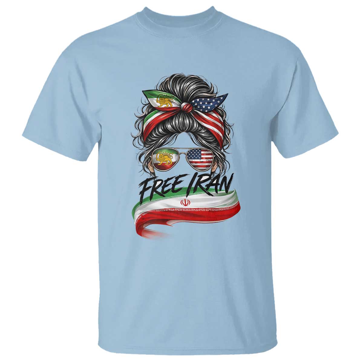 Free Iran T Shirt Persian American Pride Lion Sun Flag Messy Bun TS10 Light Blue Print Your Wear