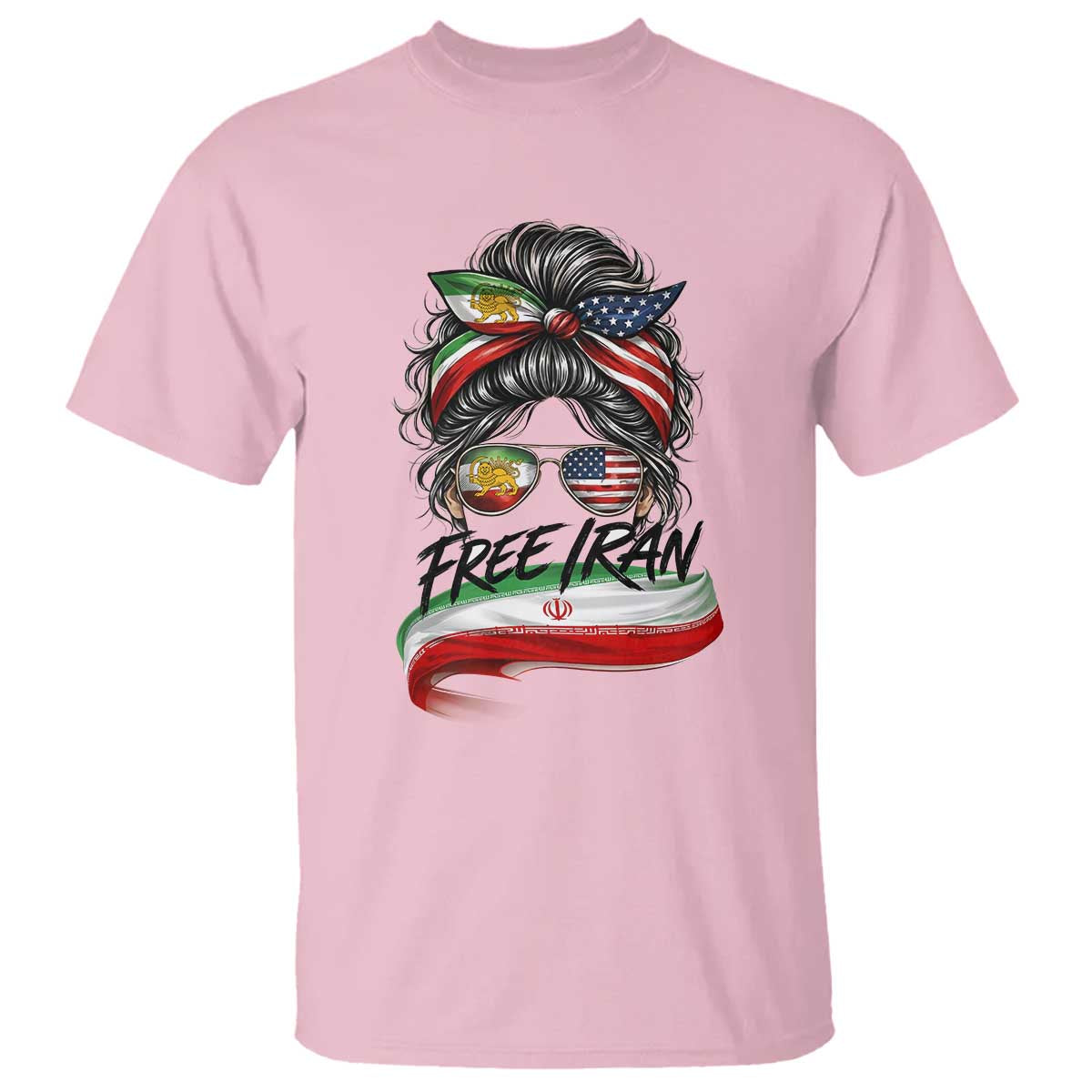 Free Iran T Shirt Persian American Pride Lion Sun Flag Messy Bun TS10 Light Pink Print Your Wear