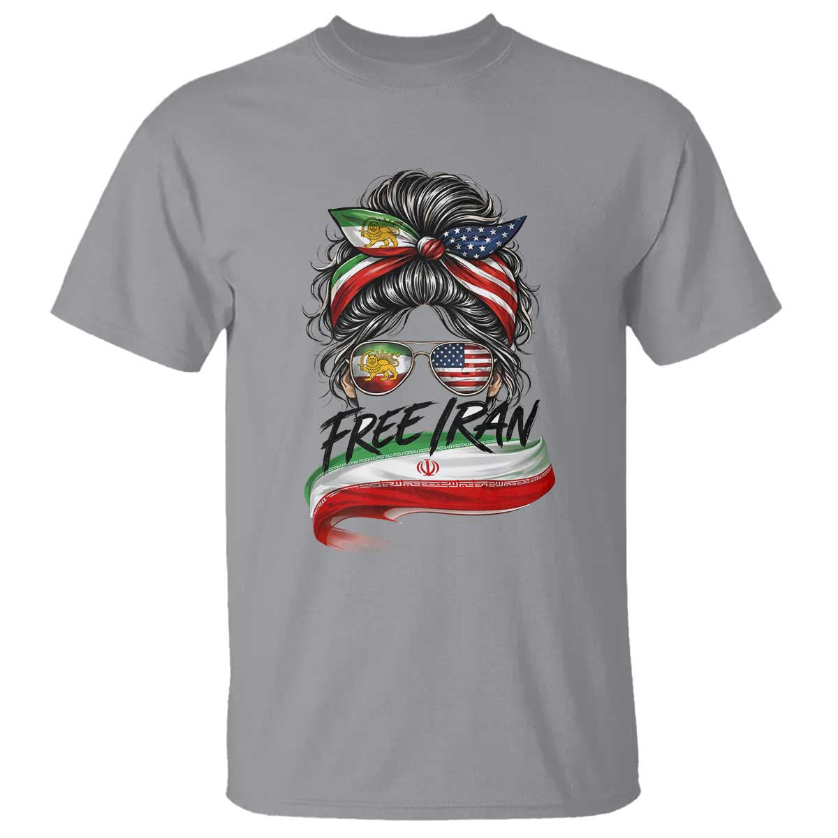 Free Iran T Shirt Persian American Pride Lion Sun Flag Messy Bun TS10 Sport Gray Print Your Wear