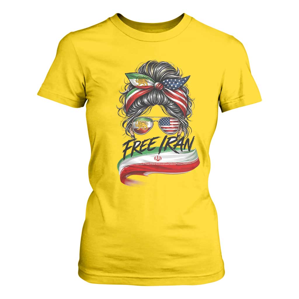 Free Iran T Shirt For Women Persian American Pride Lion Sun Flag Messy Bun TS10 Daisy Print Your Wear