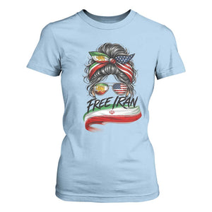 Free Iran T Shirt For Women Persian American Pride Lion Sun Flag Messy Bun TS10 Light Blue Print Your Wear