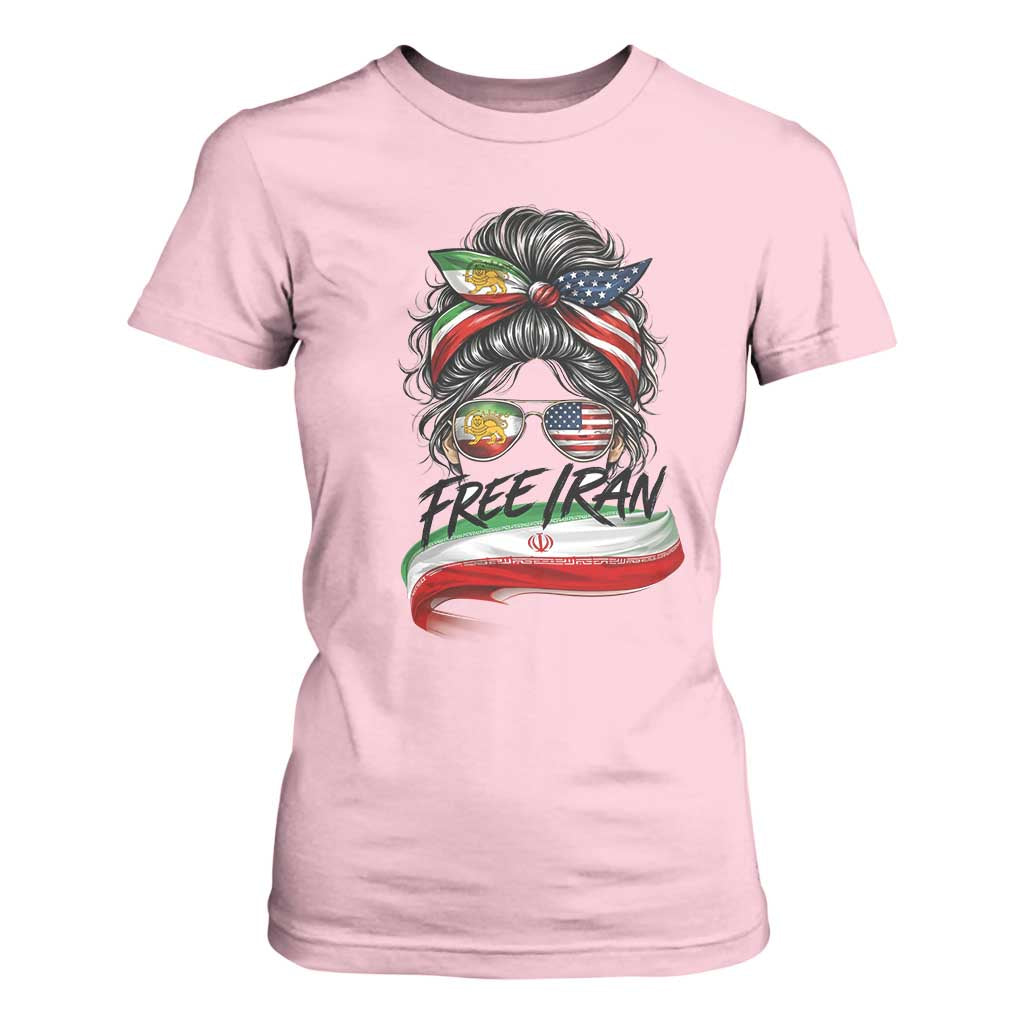 Free Iran T Shirt For Women Persian American Pride Lion Sun Flag Messy Bun TS10 Light Pink Print Your Wear