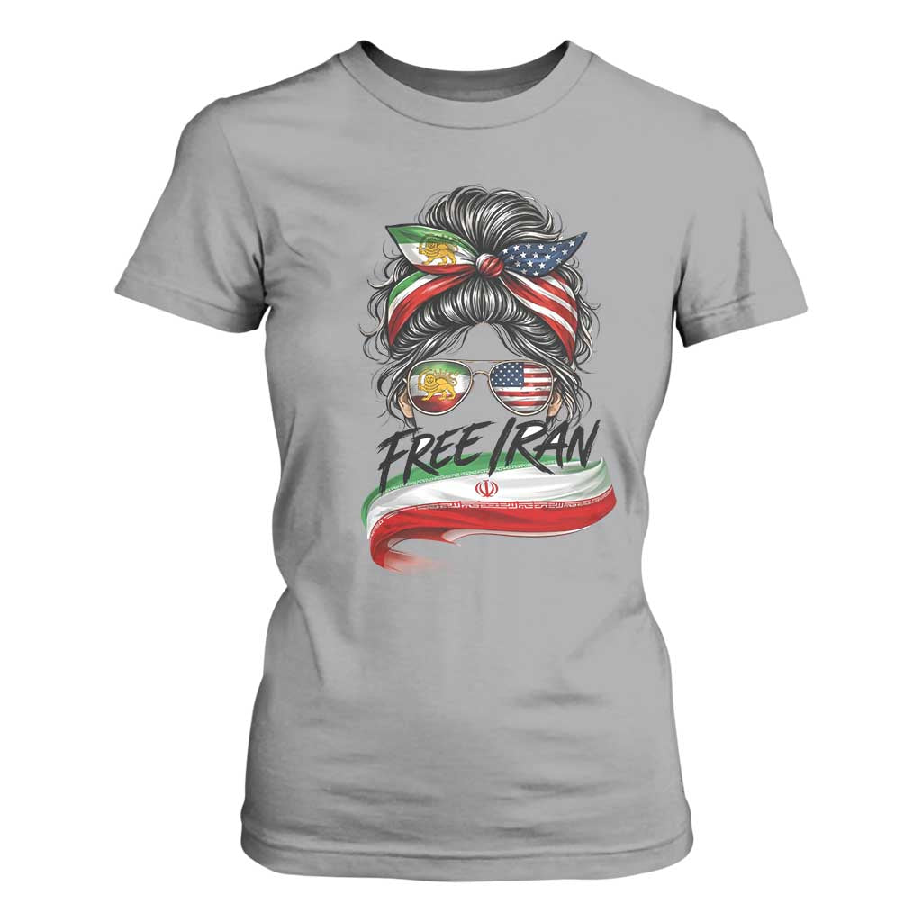 Free Iran T Shirt For Women Persian American Pride Lion Sun Flag Messy Bun TS10 Sport Gray Print Your Wear