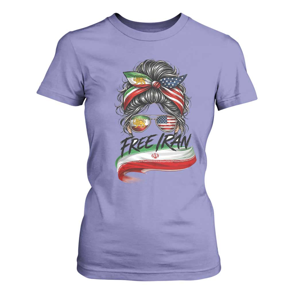 Free Iran T Shirt For Women Persian American Pride Lion Sun Flag Messy Bun TS10 Violet Print Your Wear