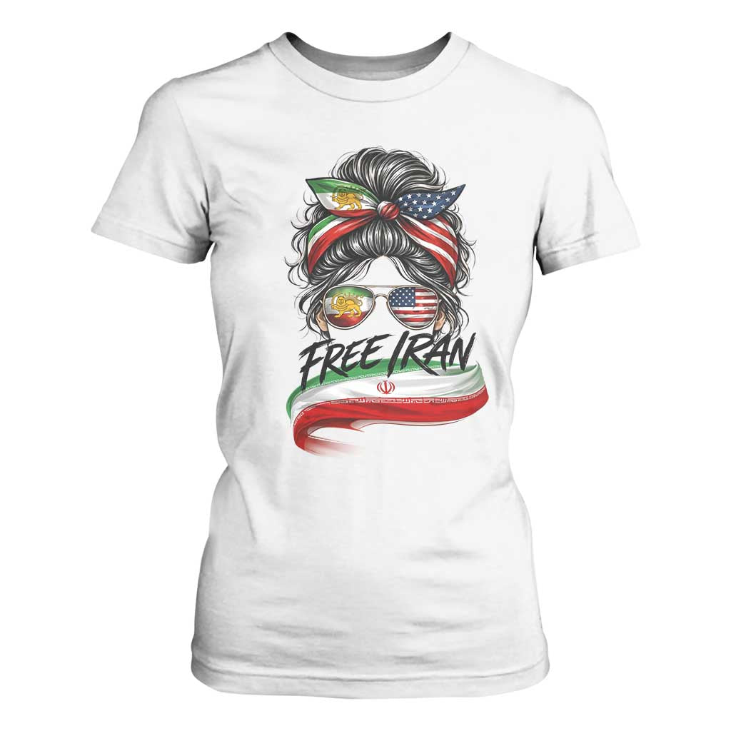 Free Iran T Shirt For Women Persian American Pride Lion Sun Flag Messy Bun TS10 White Print Your Wear