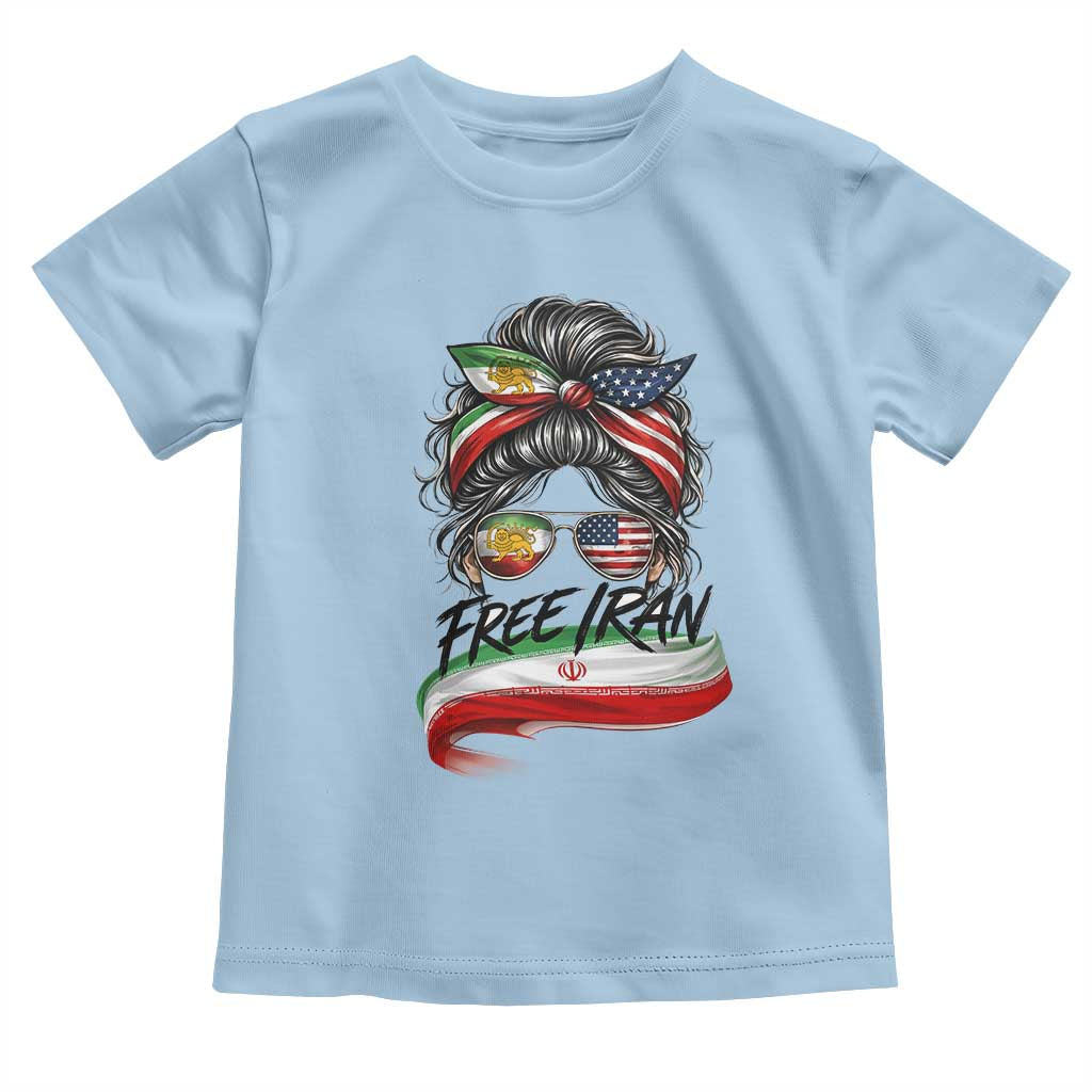 Free Iran Toddler T Shirt Persian American Pride Lion Sun Flag Messy Bun TS10 Light Blue Print Your Wear