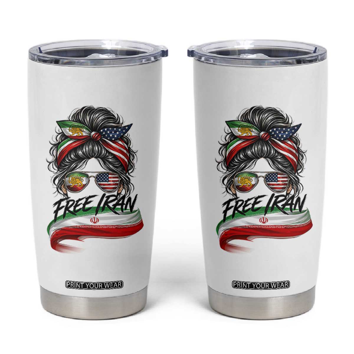 Free Iran Tumbler Cup Persian American Pride Lion Sun Flag Messy Bun TS10 White Print Your Wear