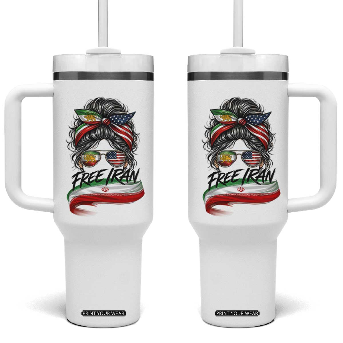 Free Iran Tumbler With Handle Persian American Pride Lion Sun Flag Messy Bun TS10 One Size: 40 oz White Print Your Wear