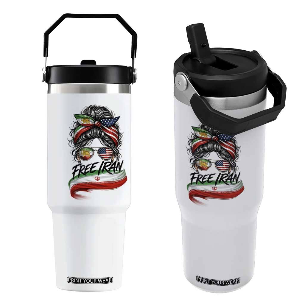 Free Iran Flip Straw Tumbler Persian American Pride Lion Sun Flag Messy Bun TS10 One Size: 30 oz White Print Your Wear