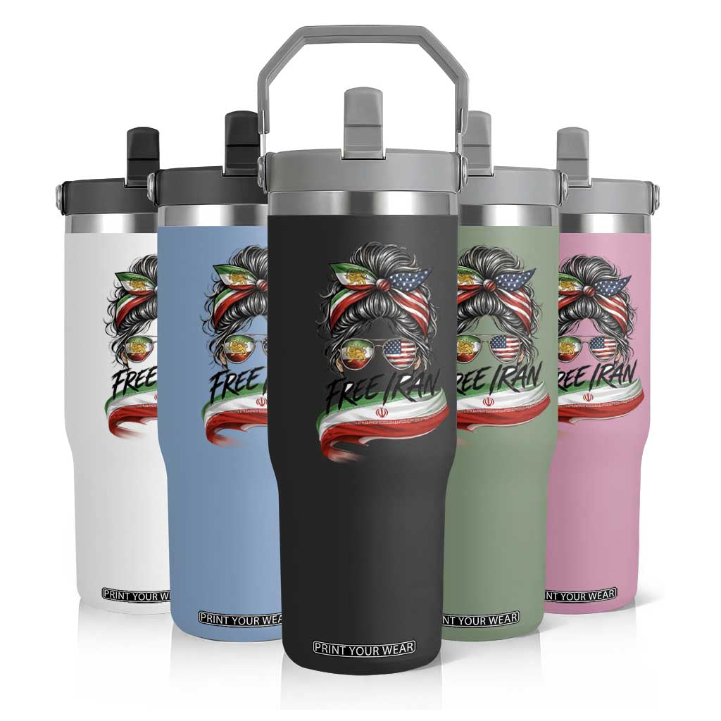 Free Iran Flip Straw Tumbler Persian American Pride Lion Sun Flag Messy Bun TS10 Print Your Wear
