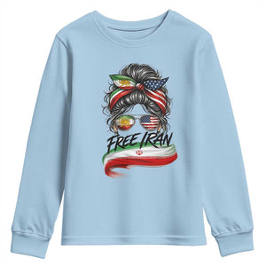 Free Iran Youth Sweatshirt Persian American Pride Lion Sun Flag Messy Bun TS10 Light Blue Print Your Wear