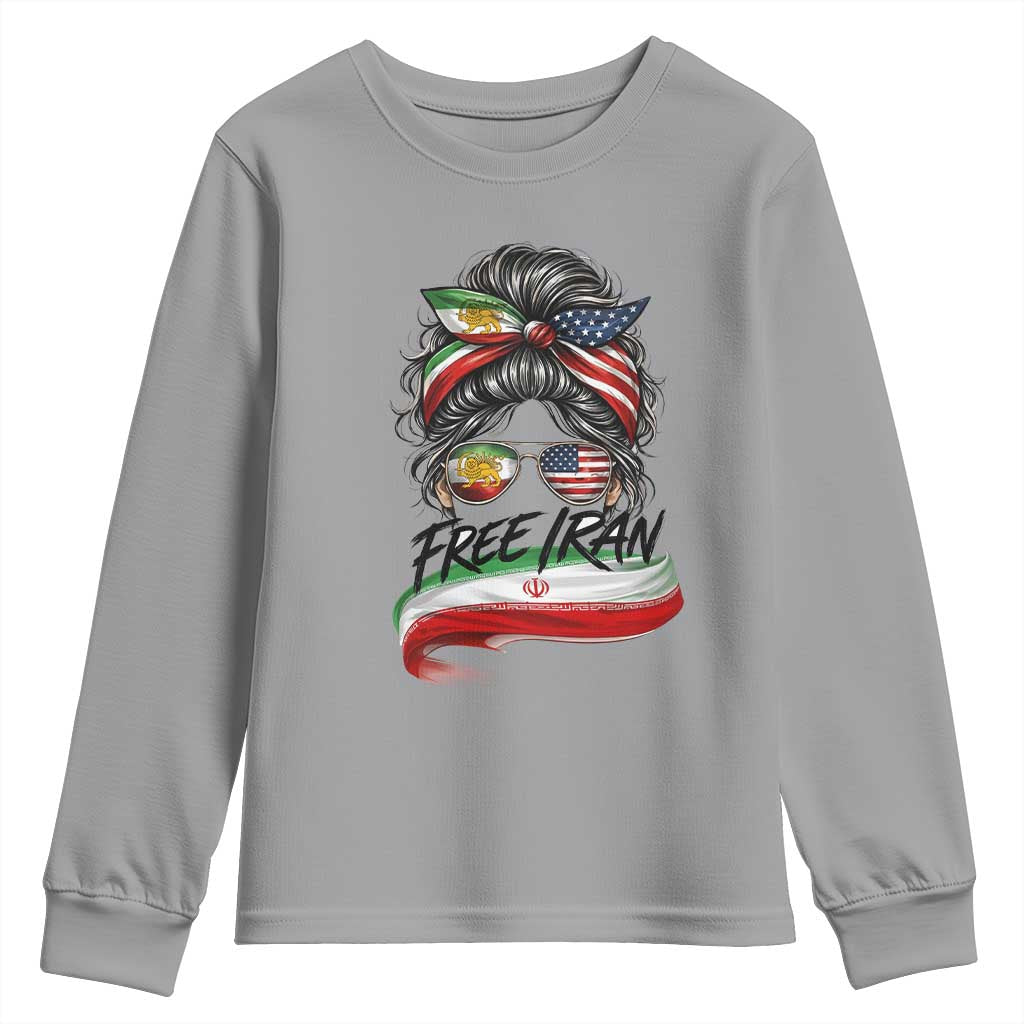 Free Iran Youth Sweatshirt Persian American Pride Lion Sun Flag Messy Bun TS10 Sport Gray Print Your Wear
