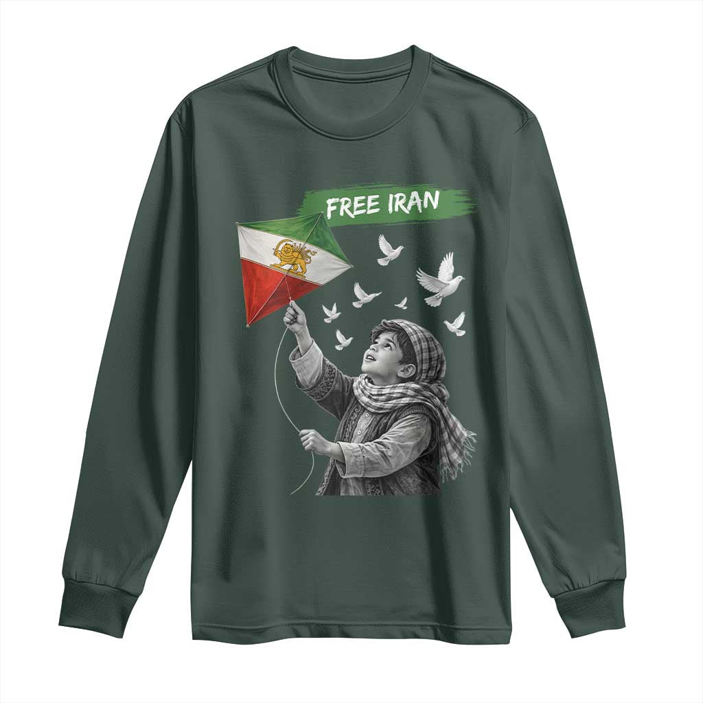 Free Iran Long Sleeve Shirt Lion And Sun Flag Persian Freedom Movement TS10 Dark Forest Green Print Your Wear