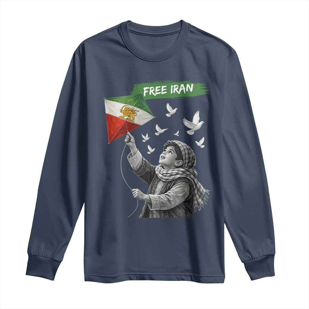 Free Iran Long Sleeve Shirt Lion And Sun Flag Persian Freedom Movement TS10 Navy Print Your Wear