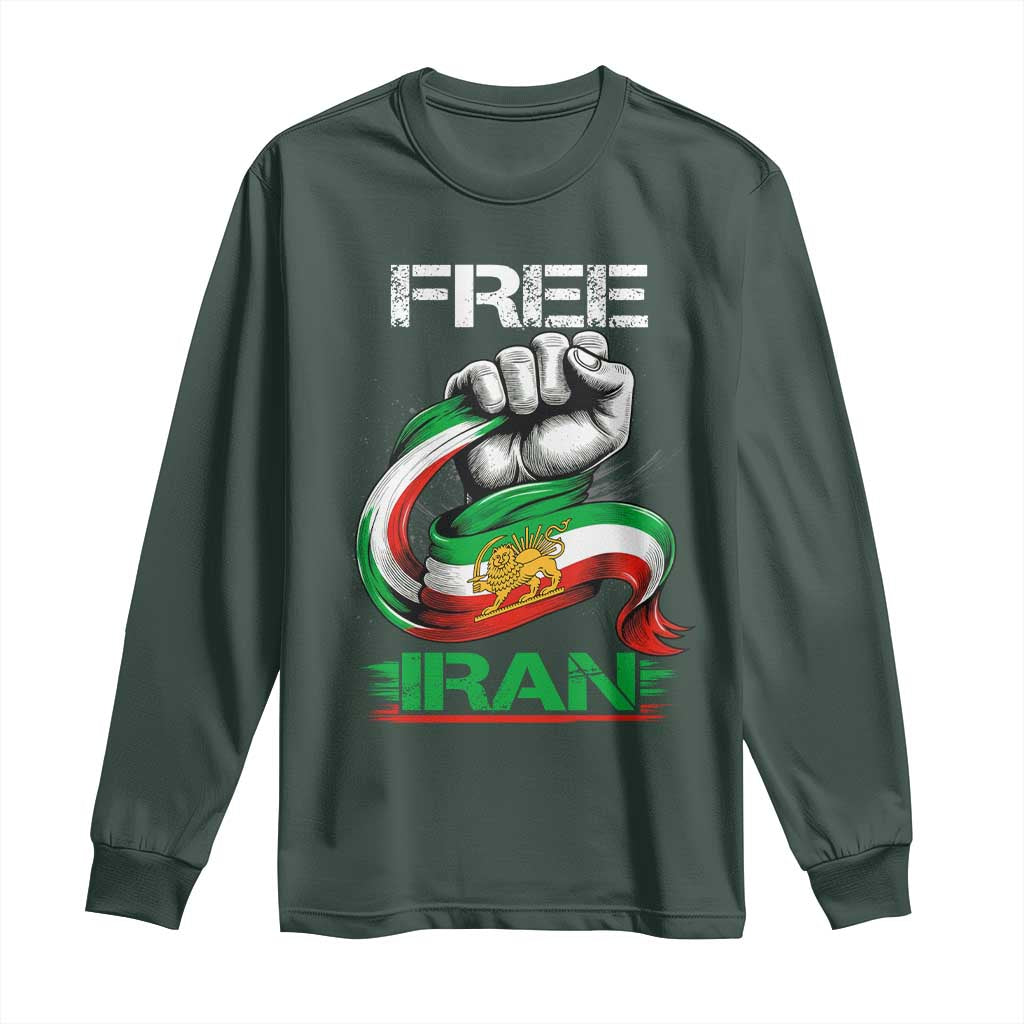 Free Iran Long Sleeve Shirt Iran Lion Sun Flag Fist TS10 Dark Forest Green Print Your Wear