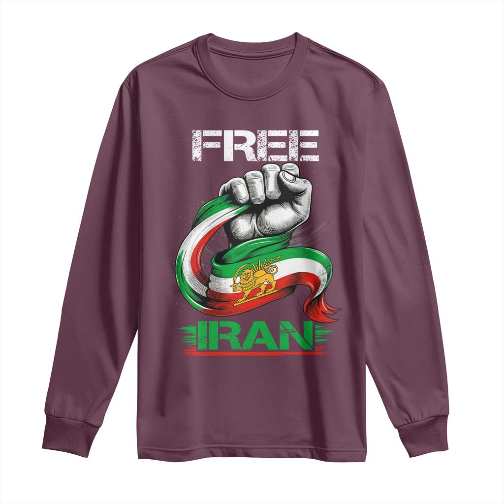 Free Iran Long Sleeve Shirt Iran Lion Sun Flag Fist TS10 Maroon Print Your Wear