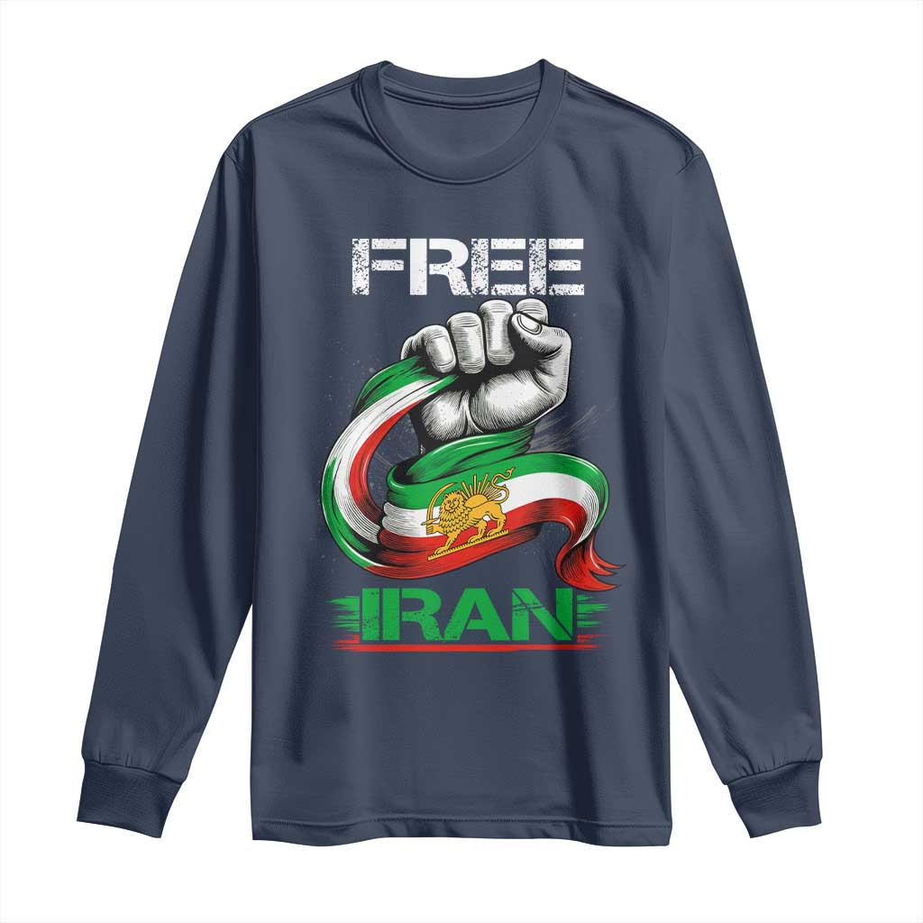 Free Iran Long Sleeve Shirt Iran Lion Sun Flag Fist TS10 Navy Print Your Wear