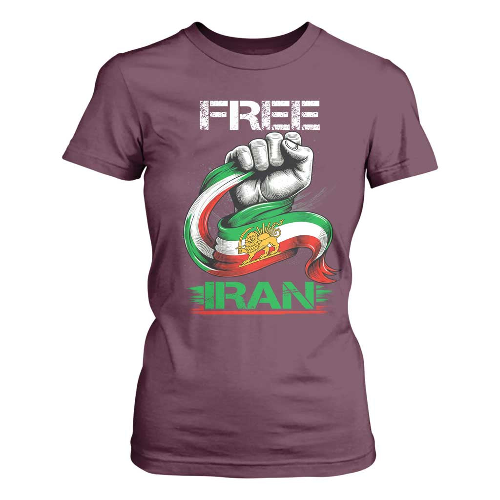 Free Iran T Shirt For Women Iran Lion Sun Flag Fist TS10 Maroon Print Your Wear