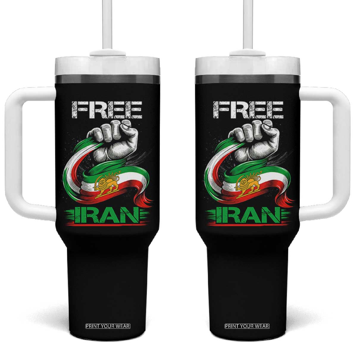 Free Iran Tumbler With Handle Iran Lion Sun Flag Fist TS10 One Size: 40 oz Black Print Your Wear