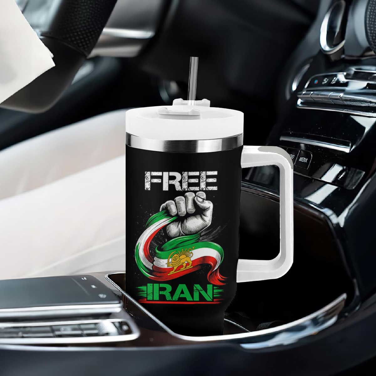 Free Iran Tumbler With Handle Iran Lion Sun Flag Fist TS10 Print Your Wear