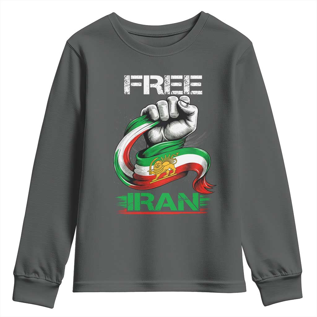 Free Iran Youth Sweatshirt Iran Lion Sun Flag Fist TS10 Dark Heather Print Your Wear