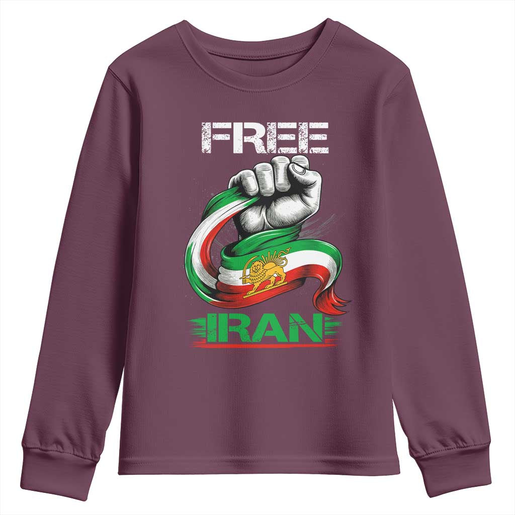 Free Iran Youth Sweatshirt Iran Lion Sun Flag Fist TS10 Maroon Print Your Wear