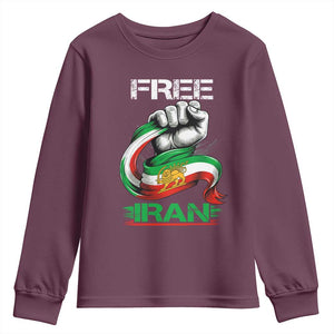 Free Iran Youth Sweatshirt Iran Lion Sun Flag Fist TS10 Maroon Print Your Wear