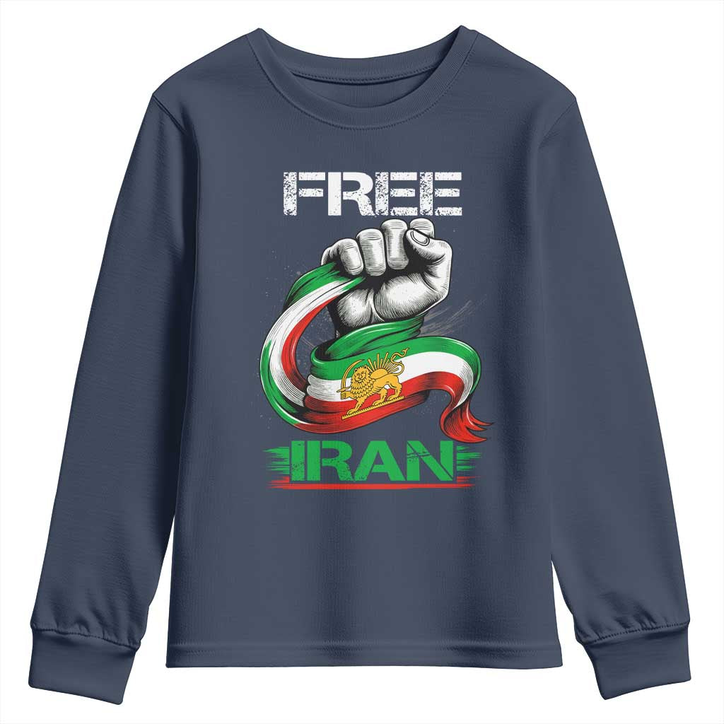 Free Iran Youth Sweatshirt Iran Lion Sun Flag Fist TS10 Navy Print Your Wear