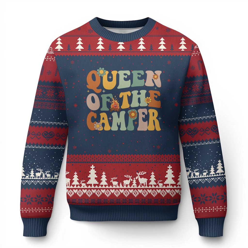 Camper Queen Ugly Christmas Sweater Retro Groovy Funny Women Girls RV Camping Lovers TS10 Navy Red Print Your Wear