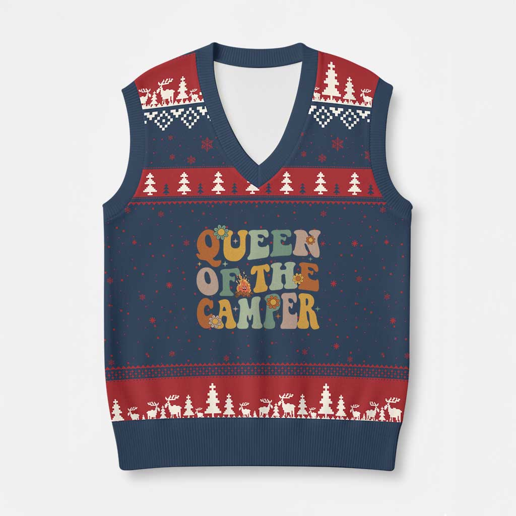 Camper Queen V-Neck Knit Sweater Vest Retro Groovy Funny Women Girls RV Camping Lovers TS10 Navy Red Print Your Wear