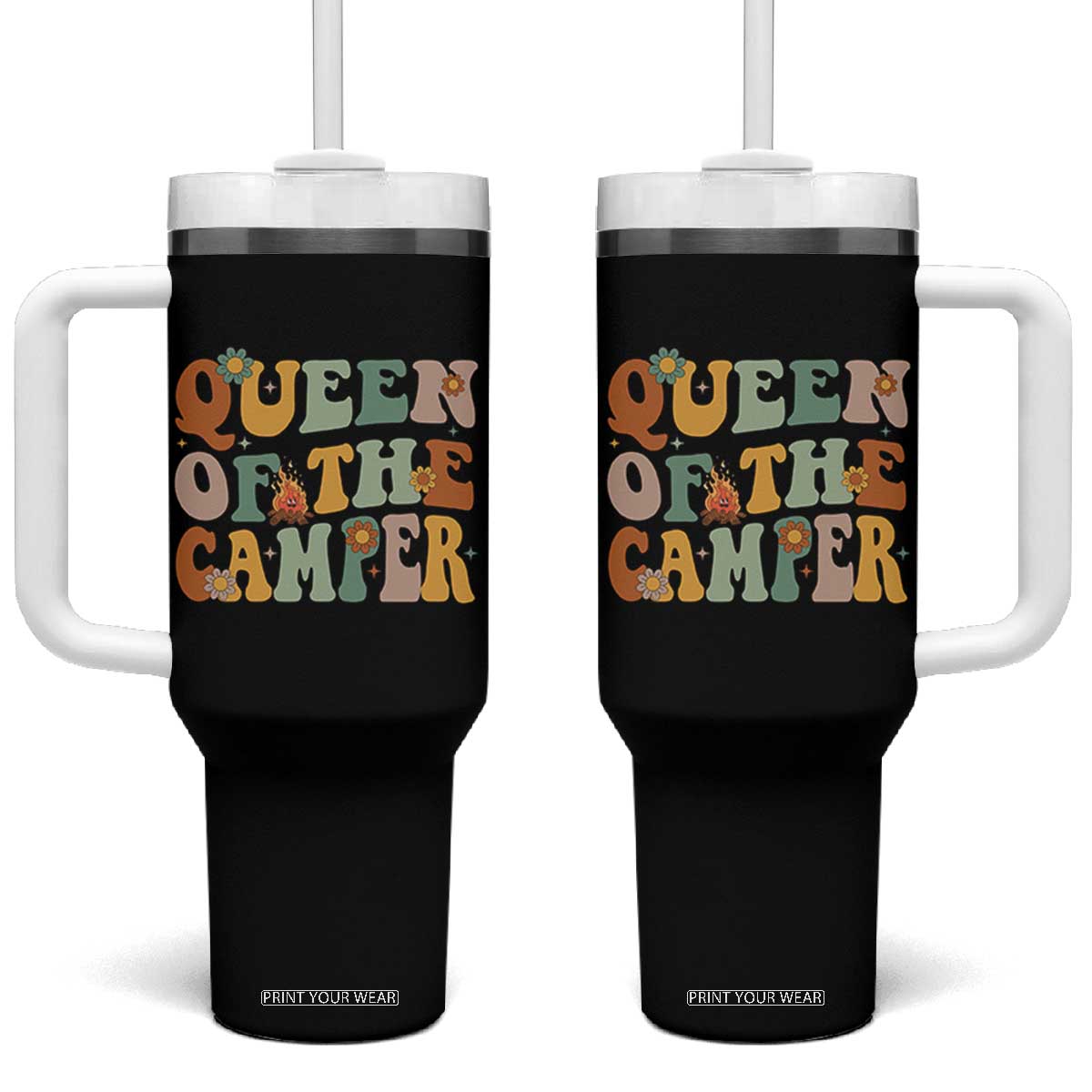 Camper Queen Tumbler With Handle Retro Groovy Funny Women Girls RV Camping Lovers TS10 One Size: 40 oz Black Print Your Wear