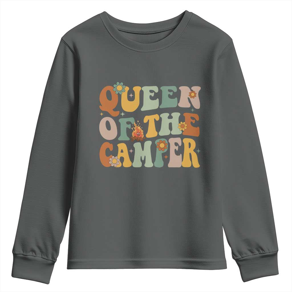 Camper Queen Youth Sweatshirt Retro Groovy Funny Women Girls RV Camping Lovers TS10 Dark Heather Print Your Wear