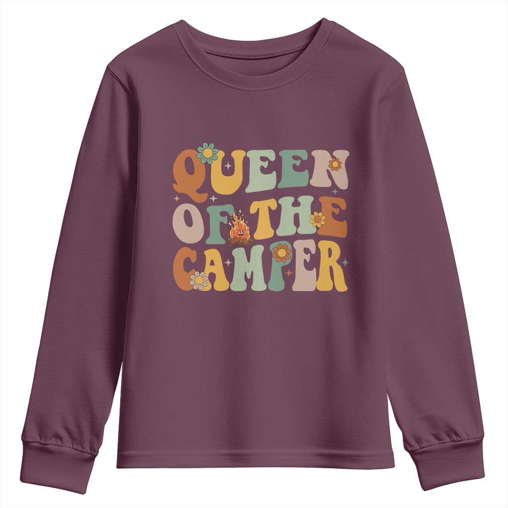 Camper Queen Youth Sweatshirt Retro Groovy Funny Women Girls RV Camping Lovers TS10 Maroon Print Your Wear