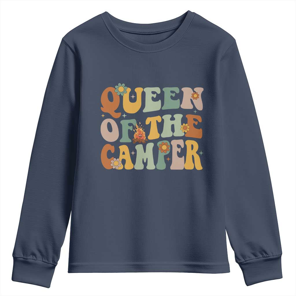 Camper Queen Youth Sweatshirt Retro Groovy Funny Women Girls RV Camping Lovers TS10 Navy Print Your Wear