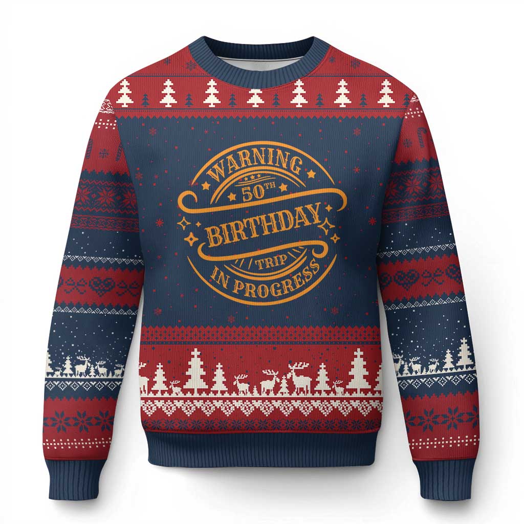 50th Birthday Trip Ugly Christmas Sweater Retro Funny Milestone Vacation TS10 Navy Red Print Your Wear