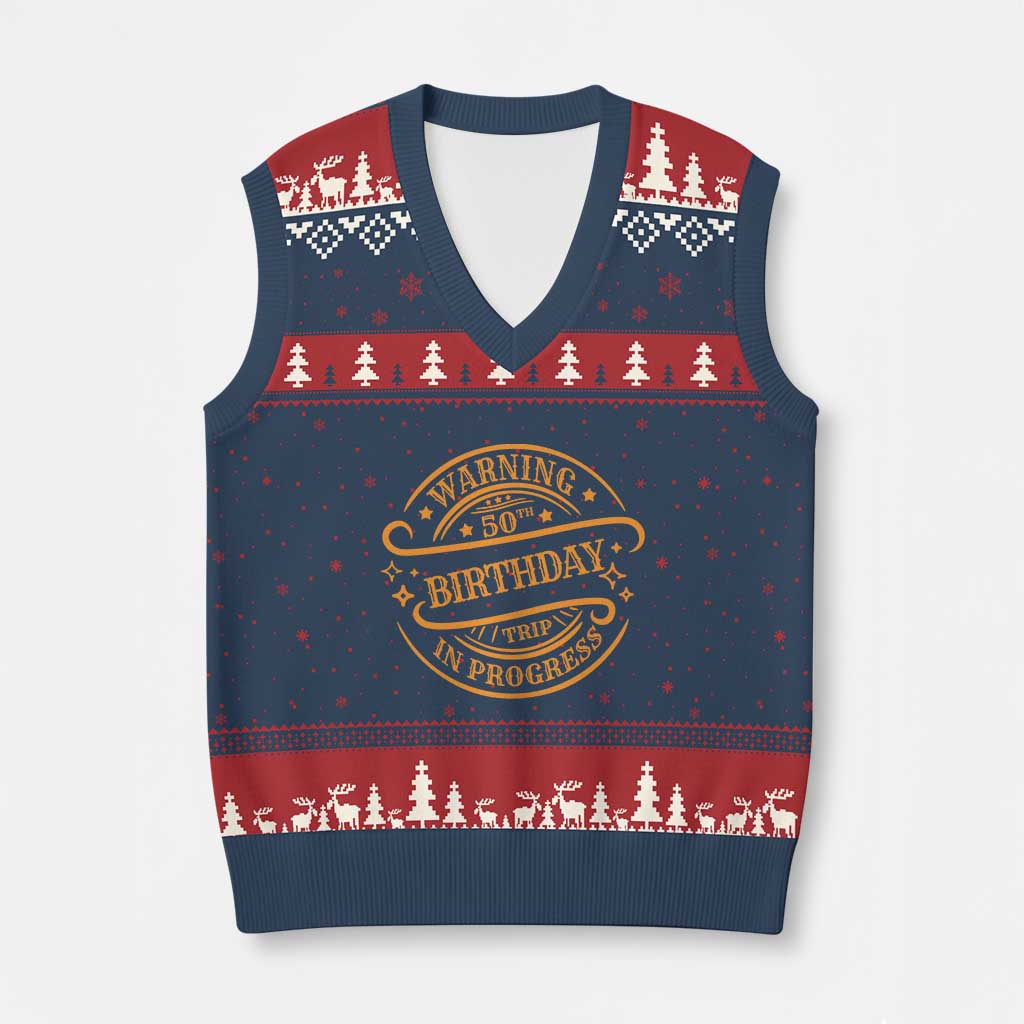 50th Birthday Trip V-Neck Knit Sweater Vest Retro Funny Milestone Vacation TS10 Navy Red Print Your Wear