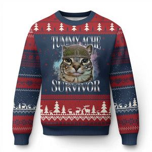 Tummy Ache Survivor Cat Meme Ugly Christmas Sweater Vintage 90s Graphic Funny Stomach Issues Bootleg TS10 Navy Red Print Your Wear