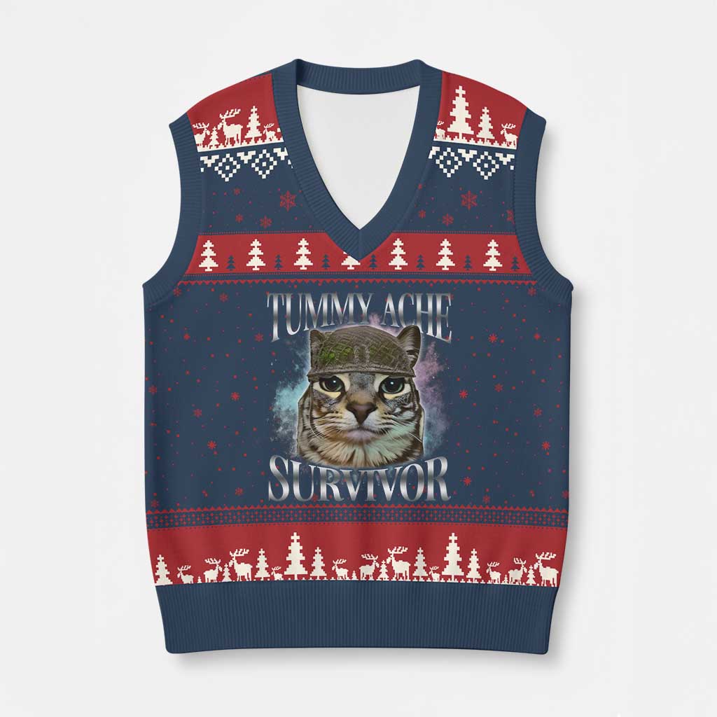 Tummy Ache Survivor Cat Meme V-Neck Knit Sweater Vest Vintage 90s Graphic Funny Stomach Issues Bootleg TS10 Navy Red Print Your Wear