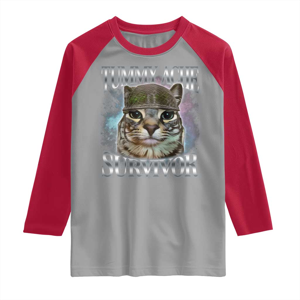 Tummy Ache Survivor Cat Meme Raglan Shirt Vintage 90s Graphic Funny Stomach Issues Bootleg TS10 Sport Gray Red Print Your Wear