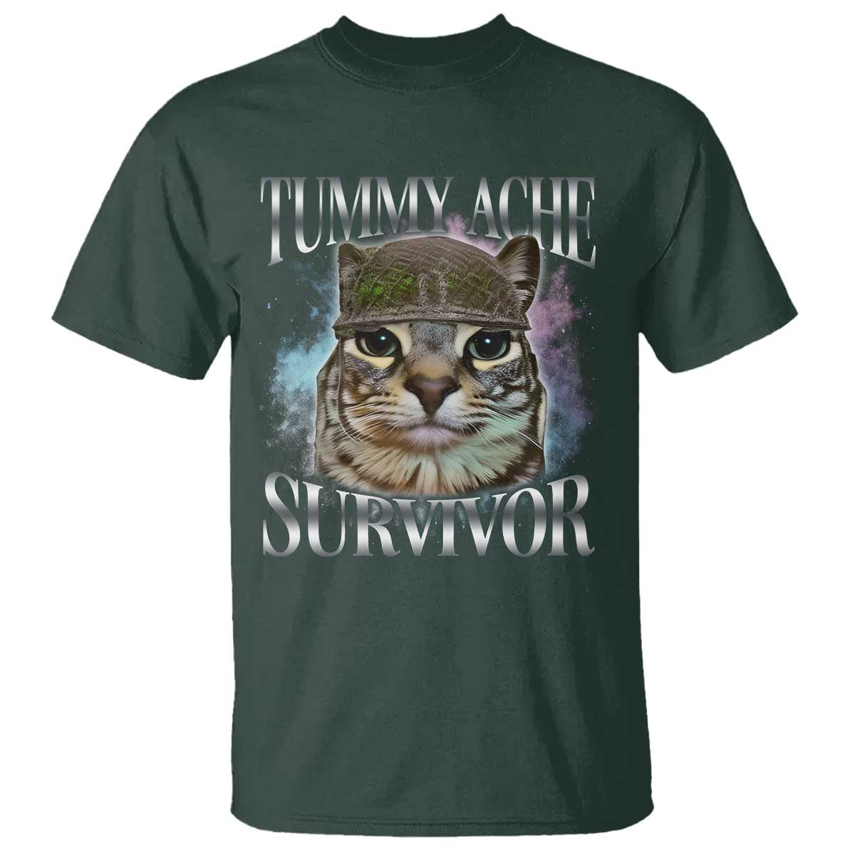 Tummy Ache Survivor Cat Meme T Shirt Vintage 90s Graphic Funny Stomach Issues Bootleg TS10 Dark Forest Green Print Your Wear