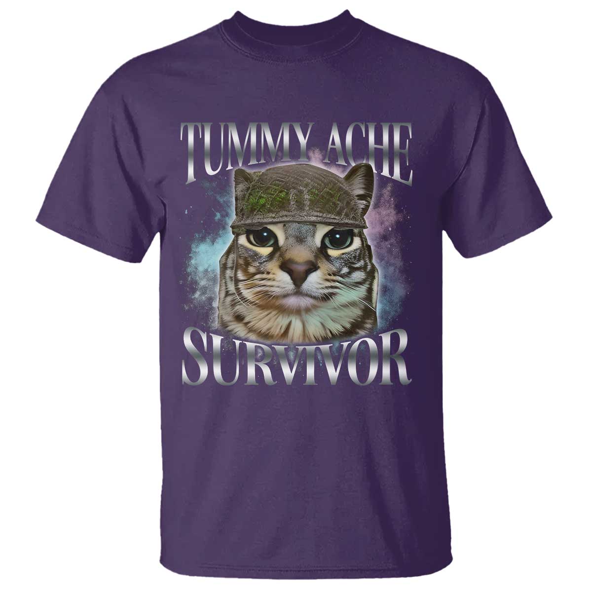 Tummy Ache Survivor Cat Meme T Shirt Vintage 90s Graphic Funny Stomach Issues Bootleg TS10 Purple Print Your Wear
