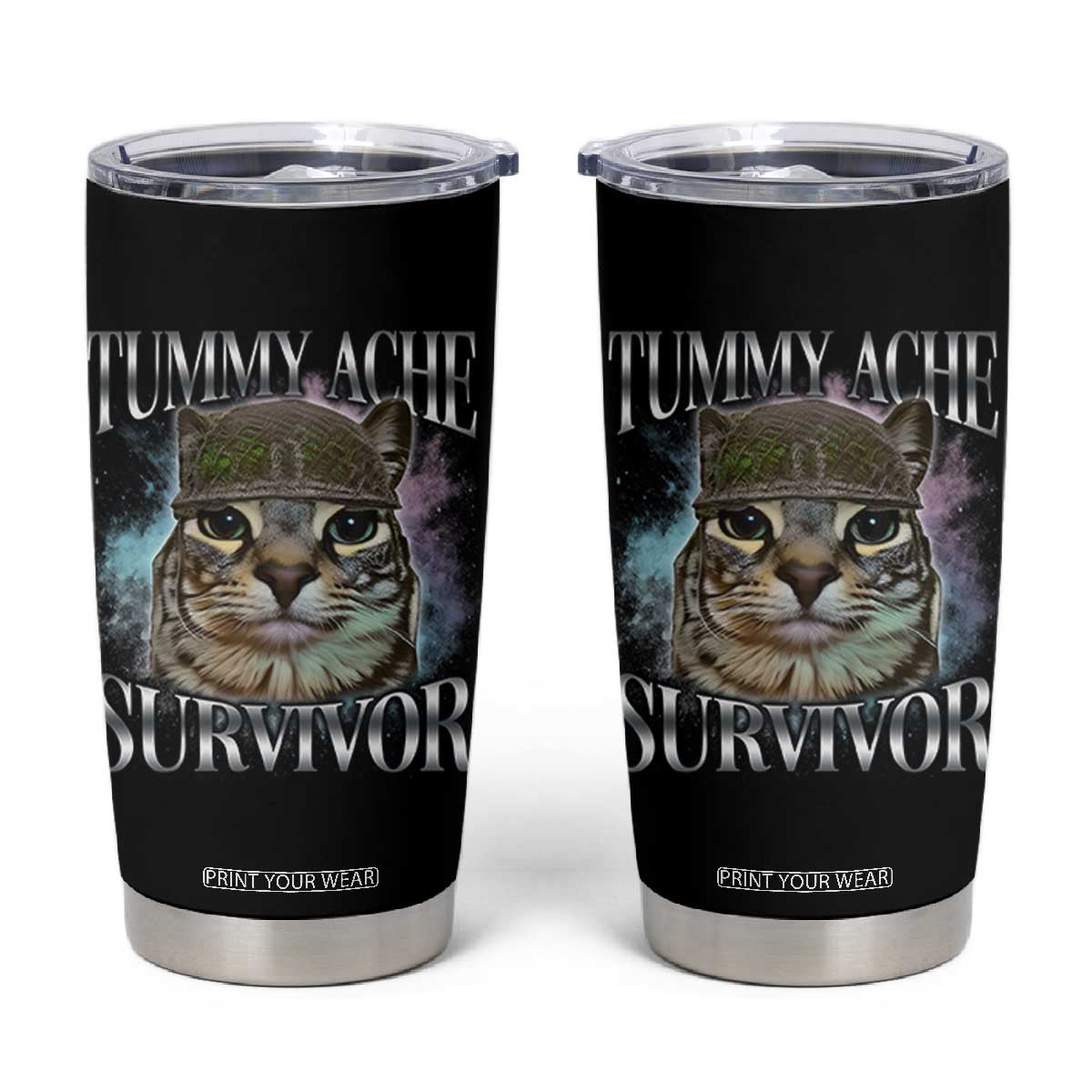 Tummy Ache Survivor Cat Meme Tumbler Cup Vintage 90s Graphic Funny Stomach Issues Bootleg TS10 Black Print Your Wear