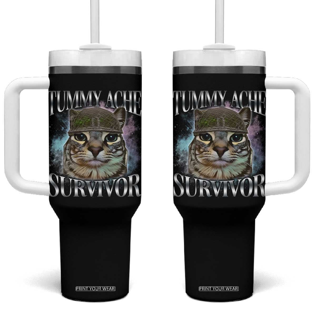 Tummy Ache Survivor Cat Meme Tumbler With Handle Vintage 90s Graphic Funny Stomach Issues Bootleg TS10 One Size: 40 oz Black Print Your Wear