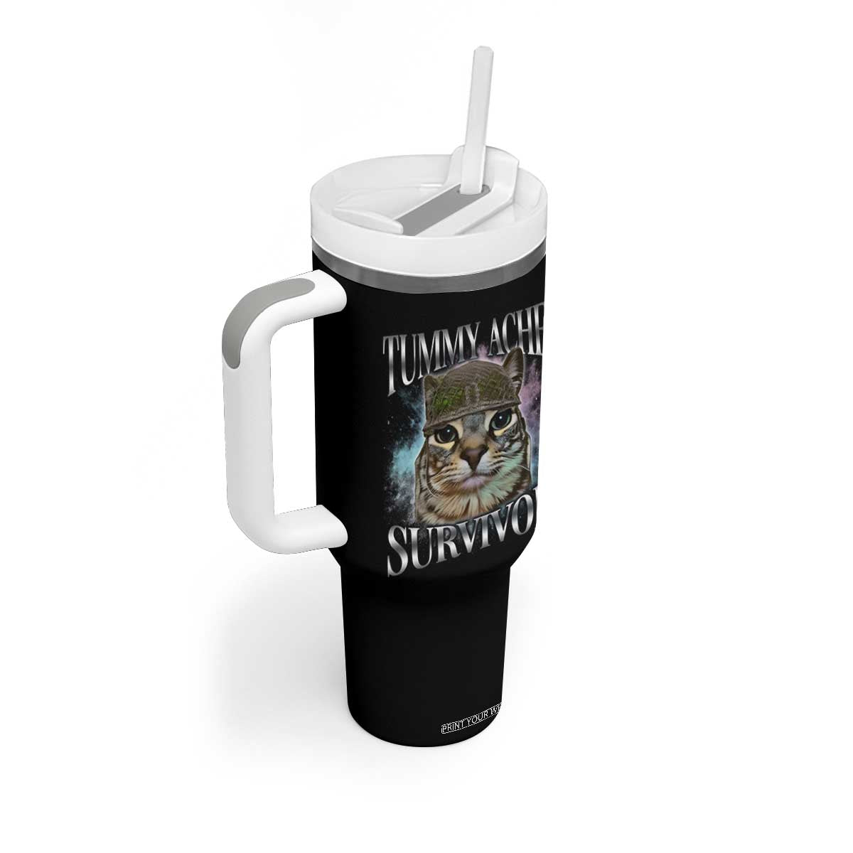 Tummy Ache Survivor Cat Meme Tumbler With Handle Vintage 90s Graphic Funny Stomach Issues Bootleg TS10 Print Your Wear