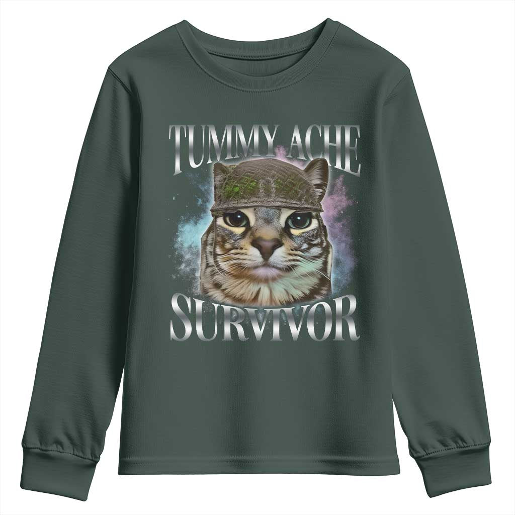 Tummy Ache Survivor Cat Meme Youth Sweatshirt Vintage 90s Graphic Funny Stomach Issues Bootleg TS10 Dark Forest Green Print Your Wear