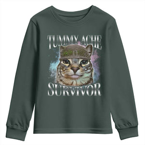 Tummy Ache Survivor Cat Meme Youth Sweatshirt Vintage 90s Graphic Funny Stomach Issues Bootleg TS10 Dark Forest Green Print Your Wear