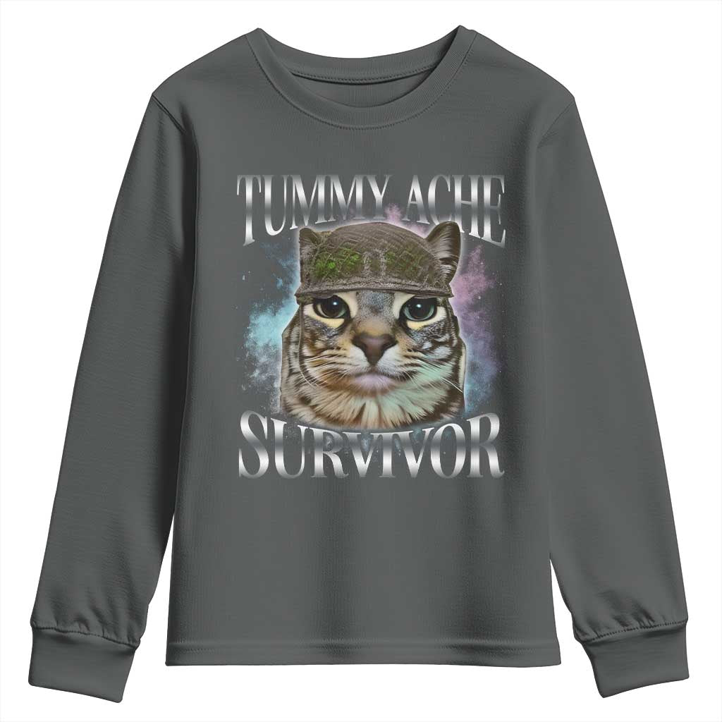 Tummy Ache Survivor Cat Meme Youth Sweatshirt Vintage 90s Graphic Funny Stomach Issues Bootleg TS10 Dark Heather Print Your Wear