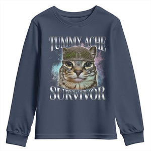 Tummy Ache Survivor Cat Meme Youth Sweatshirt Vintage 90s Graphic Funny Stomach Issues Bootleg TS10 Navy Print Your Wear