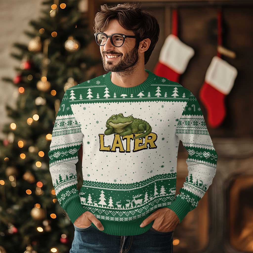 See You Later Alligator Ugly Christmas Sweater Funny Teacher Meme Viral Quote TS10 Beige Green Print Your Wear