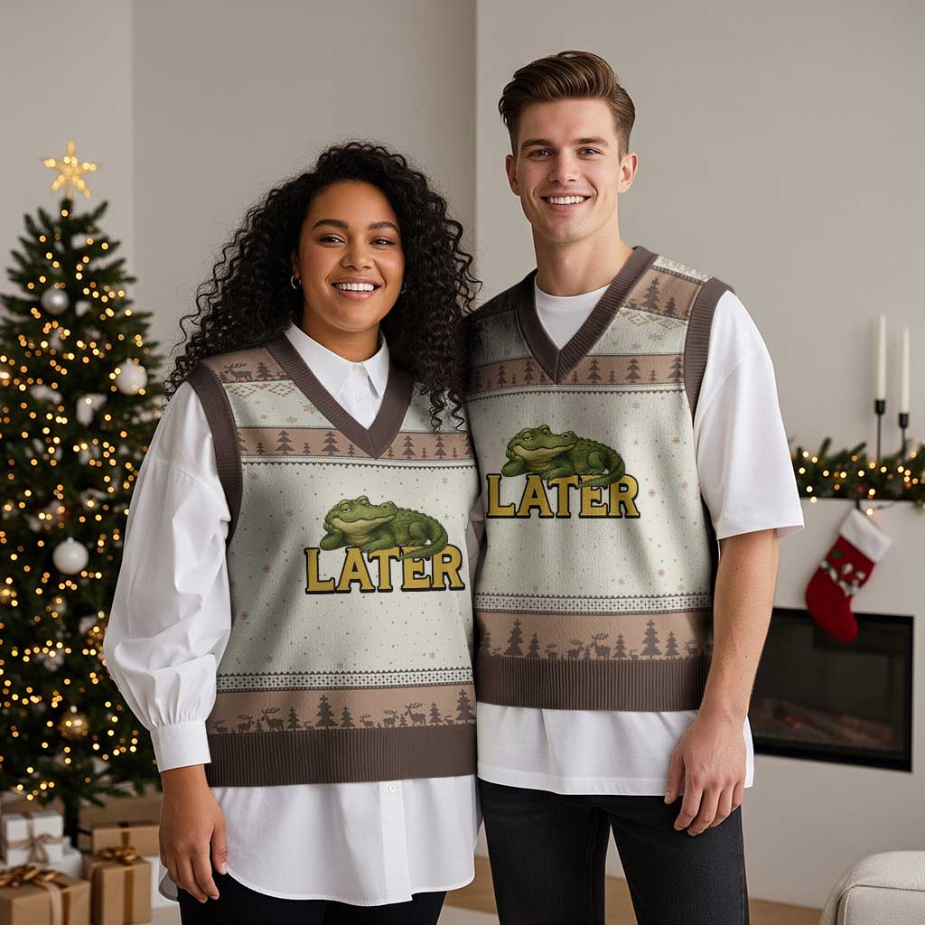 See You Later Alligator V-Neck Knit Sweater Vest Funny Teacher Meme Viral Quote TS10 Mocha Mousse Print Your Wear